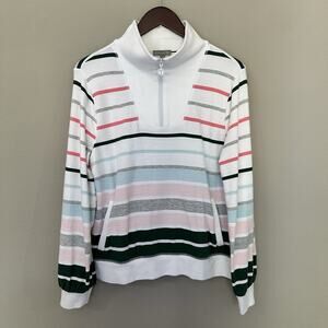 Talbots Medium White Striped Quarter Zip Pullover Preppy Coastal Country Club